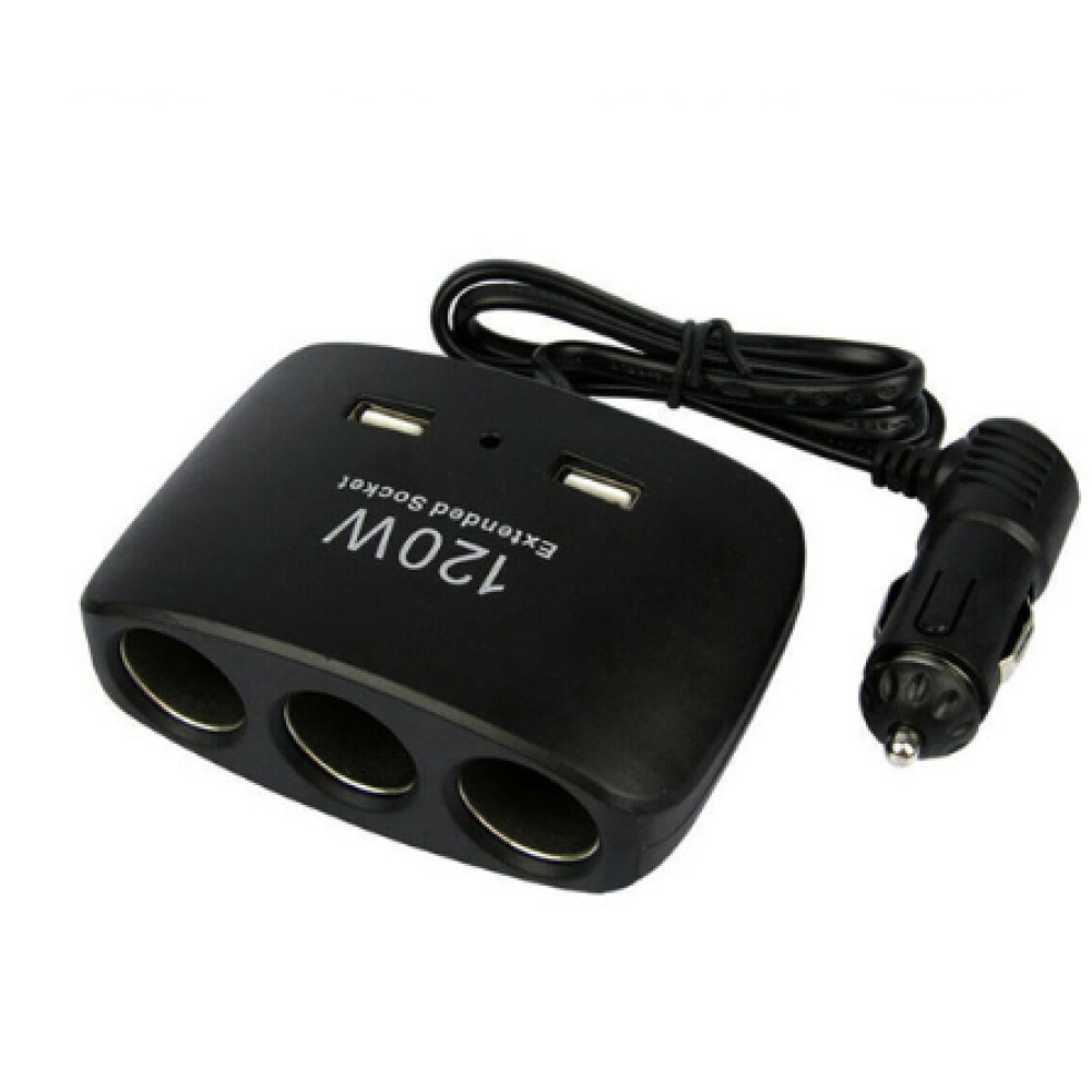 Roztrojka do zásuvky autozapalovače + 2x USB černá s kabelem